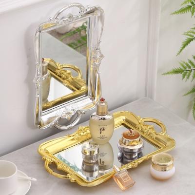 China Best Selling Perfume Modern Dressing Table Home Decor PP Gold Plated Plastic Mirror Tray With Handle for sale