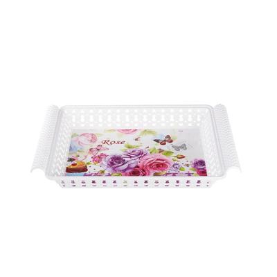 China Restaurant Home Hotel Diversified Custom Non-slip Hollow Edge Printing Pattern Serving Tray Plastic Pp Handles Fruit Bakery Tray Plastic for sale