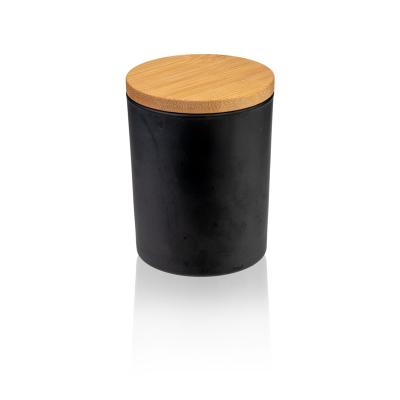 China Wholesale Eco-Friendly Recyclable 14oz Frosted Matte Black Candle Holder Containers White Glass Candle Jar With Wooden Bamboo Lid for sale