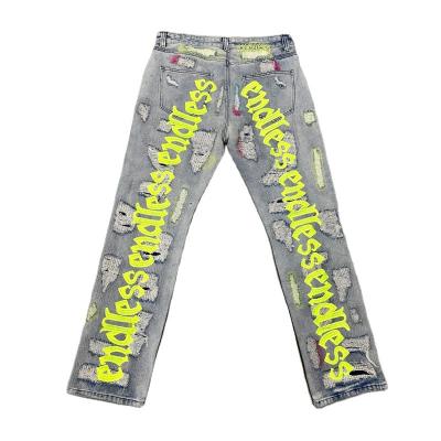 China Breathable Custom Brand Tartan Caballero Sueltos Hip Hoo Hip Pantalones American Embroidered Neon Embroidered Ripped Bootcut Men Damage Paints Jeans for sale