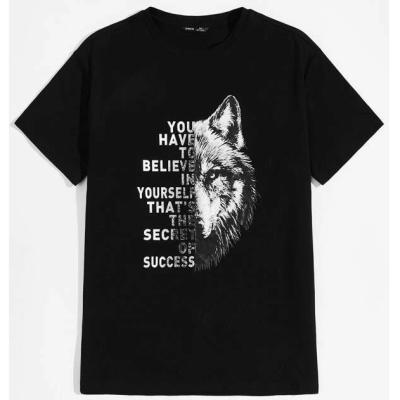 China Custom Mens Anti-Wrinkle Top Quality Black Wolf And Slogan Graphic Tee for sale