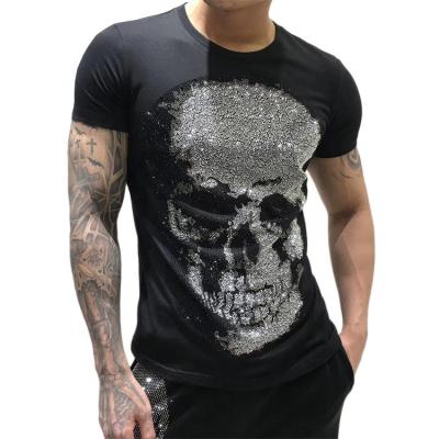 China Wholesale Custom Sleeveless Anti-Shrink Men's Shorts Summer T-shirt Skull Rhinestone Transfer T-shirt Custom for sale