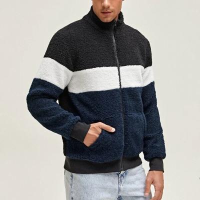 China Men's Casual Zipper Long Sleeve Shearling Funnel Neck Colorblock Teddy Jacket Warm Plus Size Clothes for sale