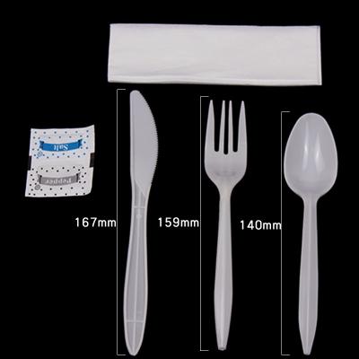 China Disposable/Sustainable/Stored Individually Wrapped Knife Fork Spoon Napkin Disposable Plastic Salt and Pepper in Poly Bag Medium Weight Cutlery Set for sale