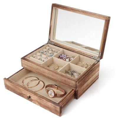 China Storage Vintage Torched Wooden Jewelry Display Organizer Box Case in Two-Layer with Mirror and Ring Tray for sale