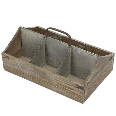 China Sustainable Vintage Decorative Wooden Storage Crate With Galvanized Zinc Metal Dividers And Handle for sale