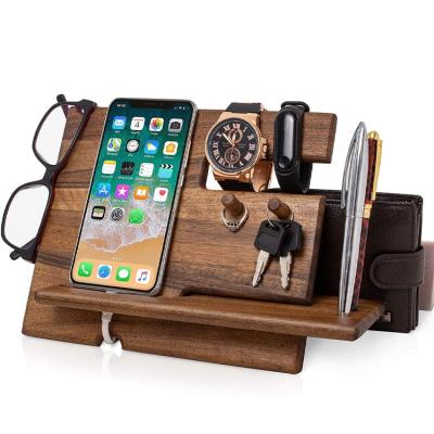 China Adjustable Natural Walnut Wooden Phone Dock Key Hooks Stand Wallet Stand Watch Organizer for sale