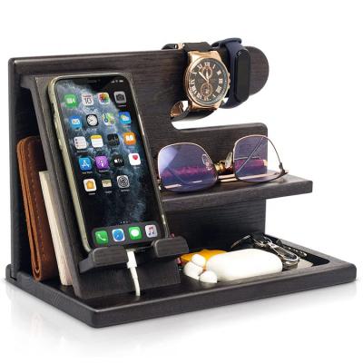 China Adjustable Wooden Organizer Anniversary Dad Birthday Nightstand Watch Ash Key Holder Wallet Phone Dock Stand for sale