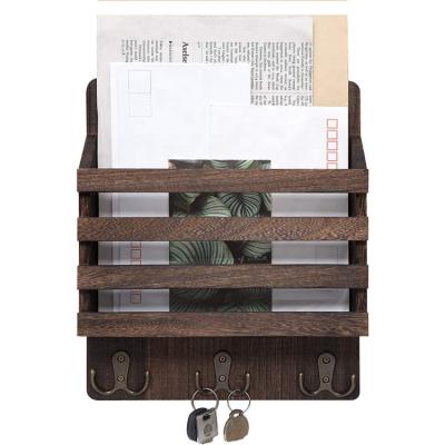 China Contemporary Rustic Wooden Mail Sorter Letter Displays Magazine Organization with 3 Double Hooks for Entryroom Hallway for sale