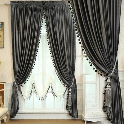 China 2021 Wholesale Blackout Sheer Ready Made Plain Blackout Velvet Curtain Panels With Pom Poms For Living Room And Hotel In Gray Color for sale