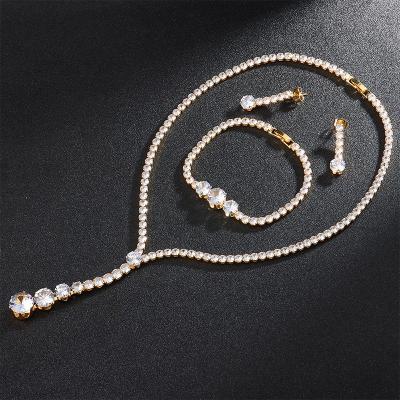 China Wholesale Price Good Quality 18k Gold Plated Jewelry Brass Zircon Choker Rhinestone Chain Flat Cubic Zirconia Necklaces Set for sale