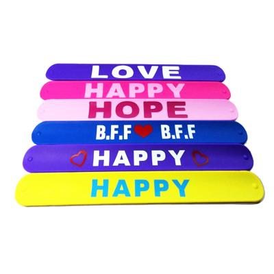 China Durable Customized Printed Logo With Coloring Silicone Slap Bracelets Fashion Kids Gifts for sale