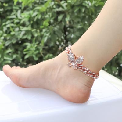 China 12mm Trendy Crystal Hiphop Butterfly Anklet Wholesale For Women Men Bracelet On The Leg Foot Cuban Link Chunky Chain Anklet Jewelry for sale