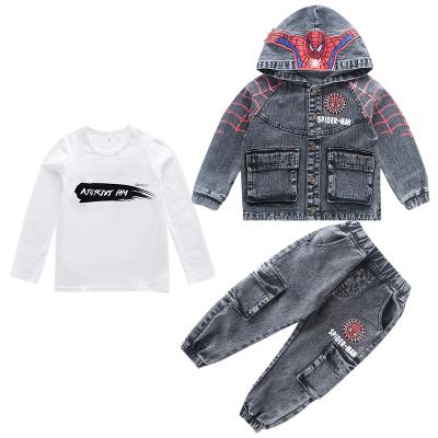 China Spider-man Casual Clothing 3Pieces Set Cool Denim Coat Jeans Pants Boys Suit for sale