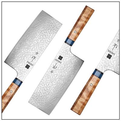 China Minimalist 7 Inch Damascus Butcher Kitchen Steel Cleaver Cutting Knife Chef Knife White Shade Solid Wood Octagonal Handle for sale