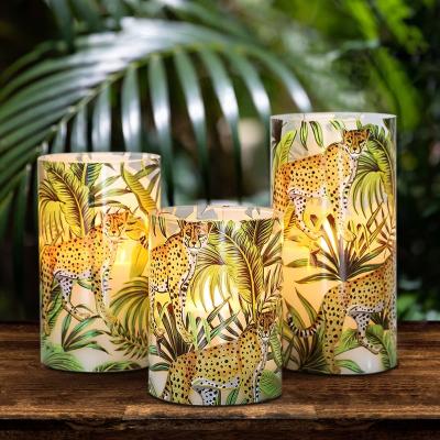 China Wild Birthdays Orstar Theme LED Candles , Jungle Decor Green Leaves Leopard Flameless Candles With Remote for sale