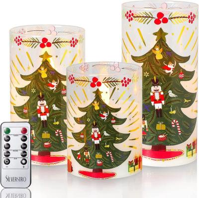 China Birthdays Orstar Candle Glass Jar , Christmas Tree Nutcracker Pattern Battery Operated Candles Paraffin Solid Color Real LED Candle Lights for sale