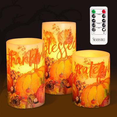 China Birthdays Orstar LED Flameless Candles with Outside, Autumn Harvest Maple Leaf Pumpkin Decal Candles, Battery Operated Candles for sale