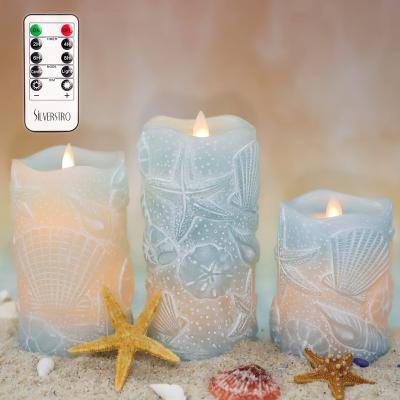 China Birthday Orstar Blue Flameless Candles with Remote, Nautical Theme Seashell Cut Out Real Wax LED Candles, Flickering Wick Battery Candles for sale