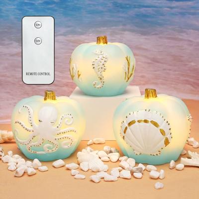 China Orstar Birthdays Set Of 3 Pumpkin Candles , 3D Nautical Themed Blue Pumpkin Battery Candles With Remote And Real Wax LED Candles for sale