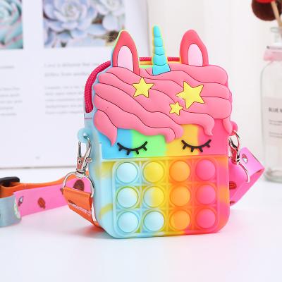 China Lovely Decoration Silicone Mini Cartoon Popcorn Unicorn Kids Girls Women Sensory Coin Bag Change Purse Bubble Toy for sale