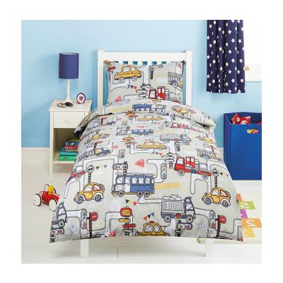 China Sustainable New Fashion Trends 200Tc Construction Vehicle Polyester Cotton Kids Bedding Set for sale