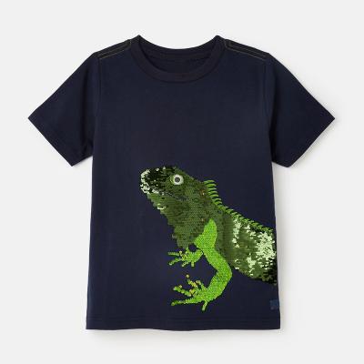 China Anti-pilling Customized short sleeve kid clothing for boys t-shirt 12 years old black lizard color boys graphic embroidery t-shirt with sequin for sale