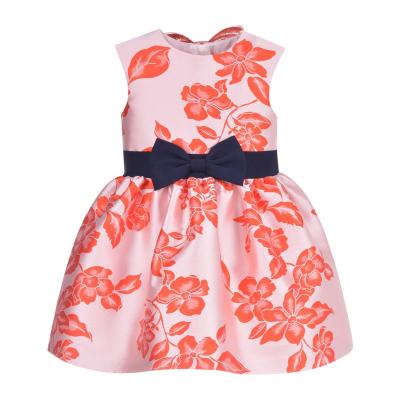 China OEM & ODM Breathable Boutique All Over Polyester Woven Flower Girl Dresses For Kids Girl Dress Sleeveless Dresses With Navy Bow Sash for sale