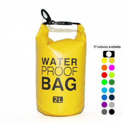 China Swimming Beach Kayaking Rafting Boating Hiking Camping Fishing Instock Cheapest PVC Tarpaulin Dry Bag Yellow Outdoor Gear Can Print Logo Brand Mini 2L Custom Waterproof Dry Bag for sale