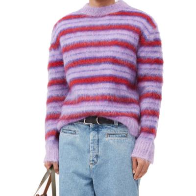 China Anti-Wrinkle AiNear Logo Custom Designer Striped Jacquard Knit Knitwear Sweater Men Crewneck Long Sleeve Fuzzy Mohair Knitted Mens Sweater for sale