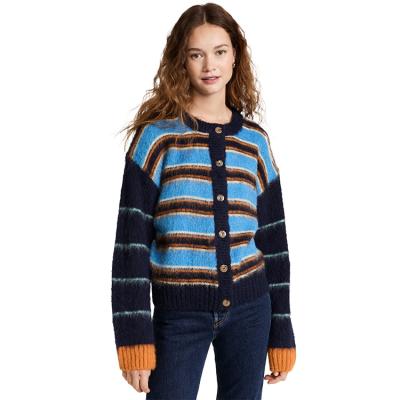 China custom Anti-wrinkle AiNear logo designer striped winter knit cardigan women knitwear long sleeve fuzzy mohair knitted women cardigan sweater for sale