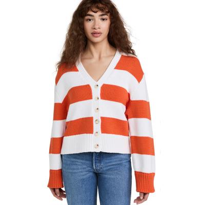 China Anti-wrinkle AiNear logo custom designer striped jacquard knit cardigan women knitwear long sleeve cotton knitted women cardigan sweater for sale