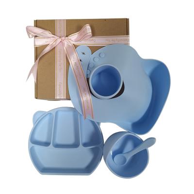 China Bpa Free Baby Bpa Free Gift Box For Bibs And Suction Bowl Cutlery Customized Blue And Gray For Kids Silicone Feeding Set Baby for sale