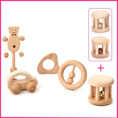 China Waterproof non-slip thicken intelligence foldable wholesale creative development cartoon wooden unpainted baby toys that infants can chew and wooden molar baby rattle for sale