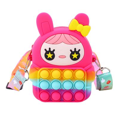 China 2022 New Mini Cute Children Messenger Bag Rainbow Silicone Bag Rabbit Easter Stress Relief Anti Restless Person Bunny Coin Purse for sale