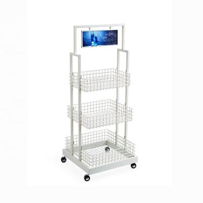 China Single Sided Lightweight Steel Wire Shelf Perforated Back Panel Shelf With Single Side Basket Supermarket Display Stand for sale