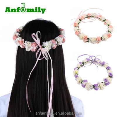 China Eco-friendly Fashion Boho Flower Floral Crown With Adjustable Hair Garland Wedding Party Headpiece Hairband Ribbon Headband for sale