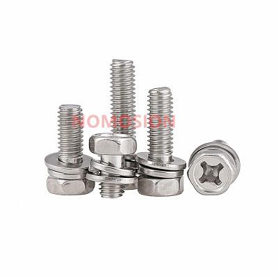 China Pan Gb 9074.13 Stainless Steel Cross Recessed Hexagon Combination Bolt Pad Three Flat Elastic Combination Screws m6m8 for sale