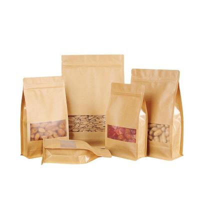 China Recyclable Kraft Paper Bags With Window Resealable Zip Lock Food Storage Bags Heat Sealable Stand Brown Paper Pouches For Cookies Coffee for sale