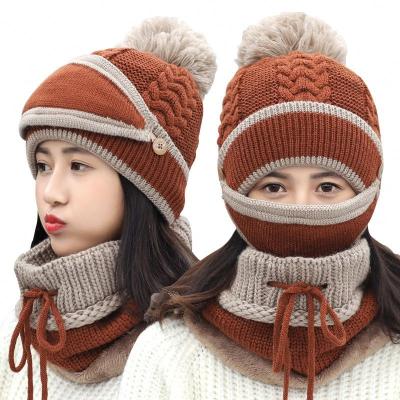 China 3 Pcs COMMON Velvet Bib Mask Ear Protector Thick Winter Women Hats Beanie Caps Skullies Beanie Riding Hat Female Warm Knitted Wool Hat for sale