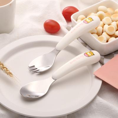 China Baby Kids Viable Food Grade 304 Stainless Steel , PP Handle Cutlery Set Baby Feeding Stainless Steel Spoon Fork Set With Cover for sale