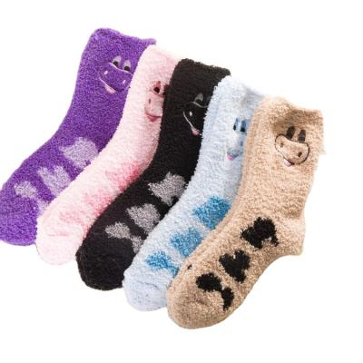 China QUICK DRY Customize Lovely Logo Winter Cartoon Coral Velvet Socks Women Thick Warm Soft Slouchy Embroidered Tube Floor Fuzzy Socks for sale