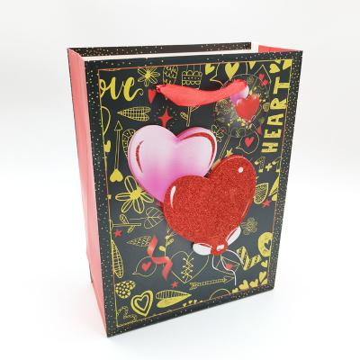 China M Wholesale Luxury Recyclable Purse Shopping Gift Packing 3D Heart Printed Paper Bag With Ribbon Handle for sale