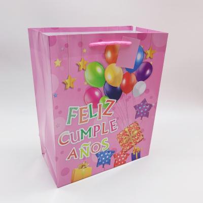 China S Small Recyclable Wholesale Cheap Fancy Spanish Paper Bag Happy Birthday Printing Gift Packaging Bag FELIZ CUMPLE ANOS for sale