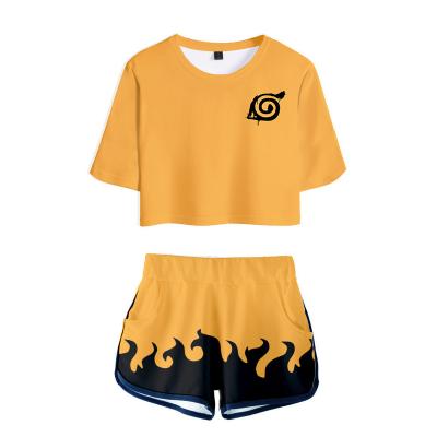 China Short Sleeve Janpan 3D Print Naruto Cosplay Halloween Cartoon Clothes New College Women's Navel T-shirt Two Piece Set + Shorts Sexy Suit for sale