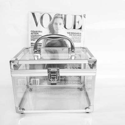 China Portable Clear Acrylic Aluminum Makeup Kit Lady Cosmetics Train Case OEM Make Up Box for sale