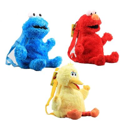 China Sesame Street Style 45cm Plush 3 Plush Backpack Elmo Cookiemonster Big Bird Plush Bag Kids School Bag For Gift for sale