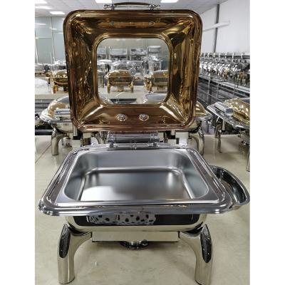 China Buffet Heater+food Warmer +steamer with Tripod Hotel 304 Stainless Steel OEM Square Tease Gold Food Heater Plate Forever for sale