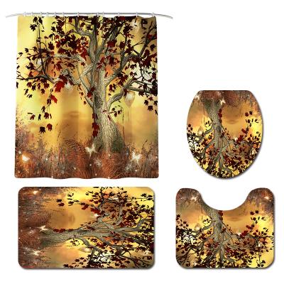 China Sustainable Maple Leaves Printed Bathroom Shower Curtain Sets Bath Mat Custom 3 Piece Bath Mat Sets With Shower Curtain for sale