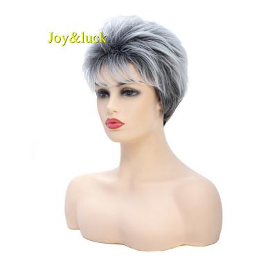 China Wholesale Curly Woman Wig With Bangs Silver Gray Ombre Gray Natural Straight Short Synthetic Hair Wigs Grandma Cosplay Wig for sale